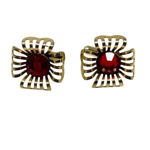 Vintage Mens Cuff Links Red Acrylic Stone Gold Tone